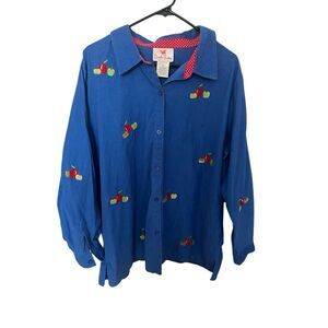 Quaker Factory embroidered teacher apple corduroy long sleeve button up shirt sz